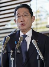 Prime Minister Fumio Kishida speaks to reporters at his office in Tokyo on Jan. 18, 2024. (Kyodo)