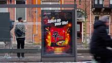 This undated file photo provided by Nongshim shows its advertisement board with the flagship Shin Ramyun product at a bus stop in the Netherlands. (PHOTO NOT FOR SALE) (Yonhap)