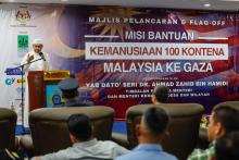 Deputy Prime Minister Ahmad Zahid Hamidi delivered a speech before officiated at the flagging-off of the Malaysian 100-Container Emergency Humanitarian Aid Mission from Cairo to Gaza led by the Consultative Council of Malaysian Islamic Organisations (MAPIM) at the Royal Malaysian Air Force base in Subang near Kuala Lumpur, Saturday.