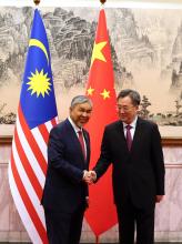 Malaysia’s Deputy Prime Minister Datuk Seri Ahmad Zahid Hamidi and Chinese Deputy Prime Minister Ding Xuexiang at Villa 5, Diaoyutai National Guest House, on Friday.  