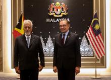 Timor-Leste Prime Minister Kay Rala Xanana Gusmao (left) and Prime Minister Anwar Ibrahim in Putrajaya, Monday.