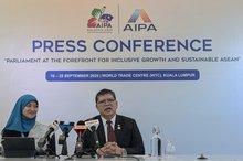 Dewan Rakyat Speaker and ASEAN Inter-Parliamentary Assembly (AIPA) President Dr Johari Abdul during press conference after Closing Ceremony 46th ASEAN Inter-Parliamentary Assembly (AIPA), at the World Trade Centre in Kuala Lumpur.  Also present Secretary General of ASEAN Inter-Parliamentary Assembly (AIPA), Siti Rozaimeriyanty Abdul Rahman (left).