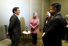Philippine President Ferdinand R. Marcos Jr (left) accompanied by Bernama Editor-in-Chief Arul Rajoo Durar Raj (right) after an interview session with Bernama held in conjunction with the 47th ASEAN Summit and Related Summits at KLCC