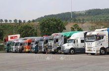 Lorries queued at the waiting yard for export at a border gate in Lao Cai province. (Photo: VNA)