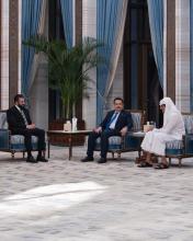 Emir of Qatar, Sheikh Tamim bin Hamad Al Thani, (right), PM, Mohammed Shia al-Sudani (centre), head of the transitional phase in Syria, Ahmed al-Sharaa, (left)