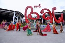 Some models conduct fashion show during Bali Megibung Festival in I Gusti Ngurah Rai Airport, Bali on Tuesday (Dec 28, 2021). (ANTARA FOTO/Fikri Yusuf/tom)