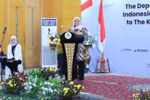 Minister of Manpower, Ida Fauziyah, delivering her remarks at a send-off for 224 cabin crew who have secured jobs with airlines in Saudi Arabia, at Binawan University Hall in Jakarta on Thursday (September 21, 2023). (ANTARA/HO-Ministry of Manpower/djo)