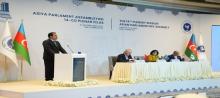 President of the Arab Parliamentary Union, Acting Speaker of the House of Representatives, Mohsen Al-Mandalawi delivers his speech in the Azerbaijan capital, Baku