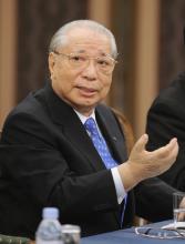 File photo taken at a hotel in Tokyo in May 2008, shows Soka Gakkai lay Buddhist group leader Daisaku Ikeda. (Kyodo)