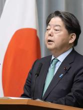 Chief Cabinet Secretary Yoshimasa Hayashi speaks at a press conference in Tokyo on March 27, 2025. (Kyodo)