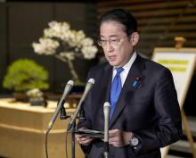 Japanese Prime Minister Fumio Kishida meets the press at the premier's office in Tokyo on April 4, 2024, after the ruling Liberal Democratic Party's disciplinary committee announced punishments for 39 party members over a political funds scandal, including urging two heavyweights to leave the party. (Kyodo)