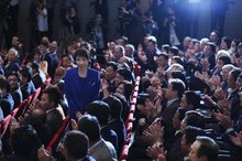 Former Japanese internal affairs minister Sanae Takaichi (C, standing) is elected the first female leader of Japan's ruling Liberal Democratic Party on Oct. 4, 2025. (Kyodo)